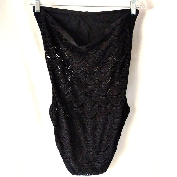 Jantzen Swim Bathing Suit Black Crochet Lace Bikini Strapless Hi Cut One Piece L - Picture 7 of 14